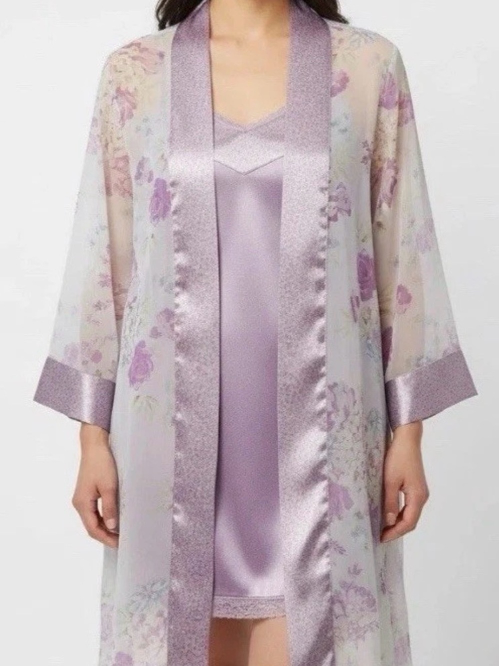 Vintage JACLYN SMITH Lavender Floral Satin-Trim Robe & Gown Set-Women Intimates